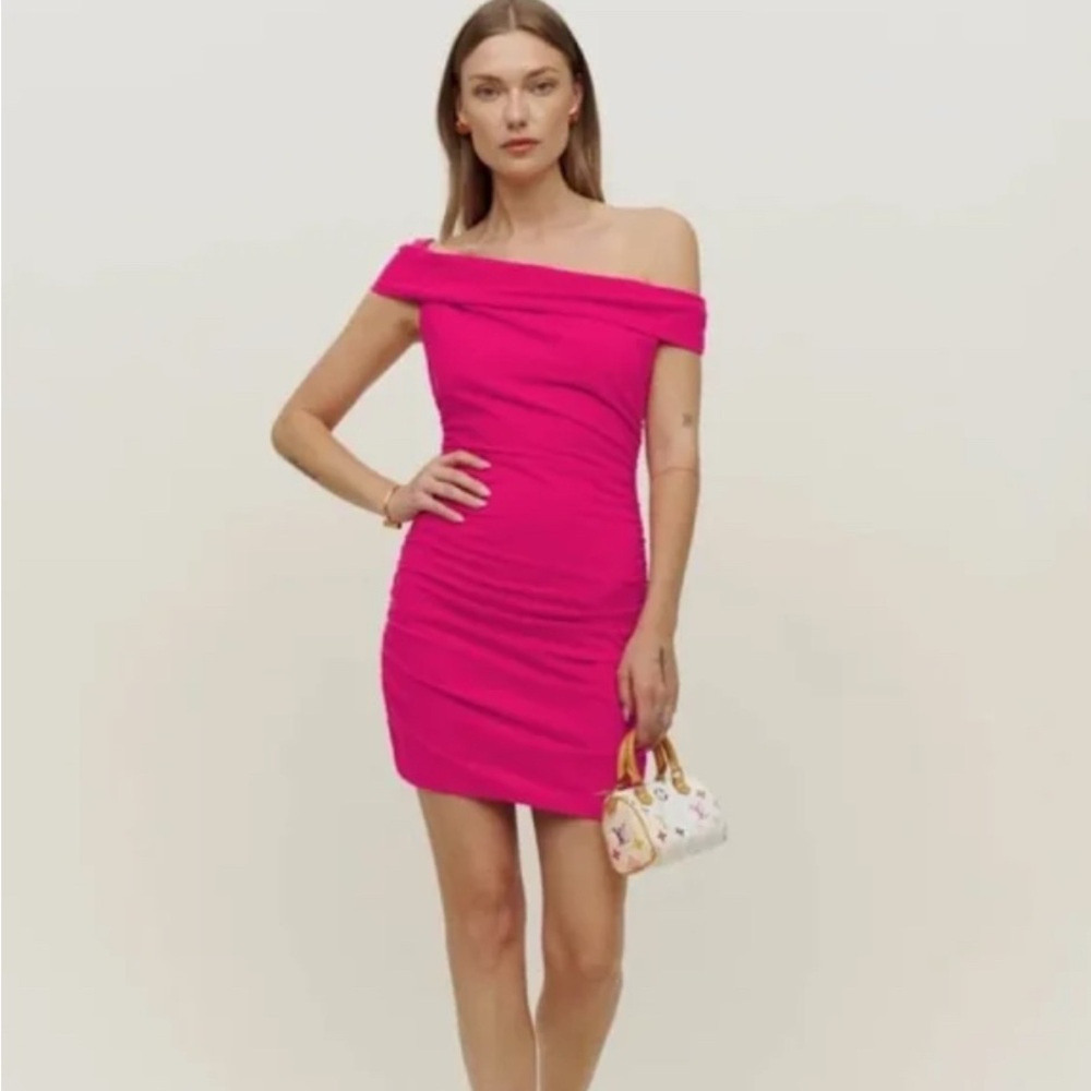 Reformation hot pink Raydon Tencel Off-Shoulder bodycon minidress